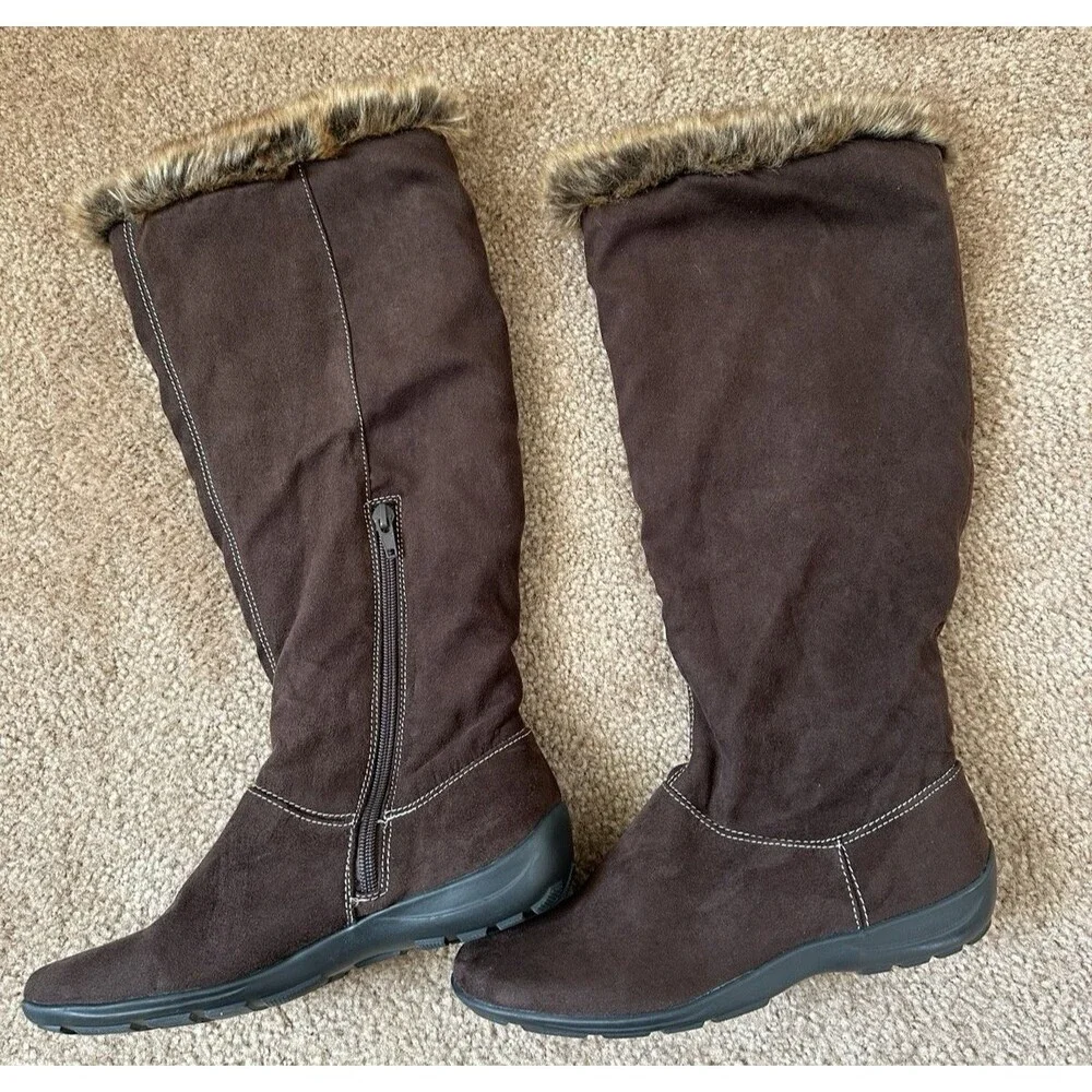 Natural Soul by Naturalizer Brown Faux Suede Tall Boots Faux Fur Trim Zip 6.5